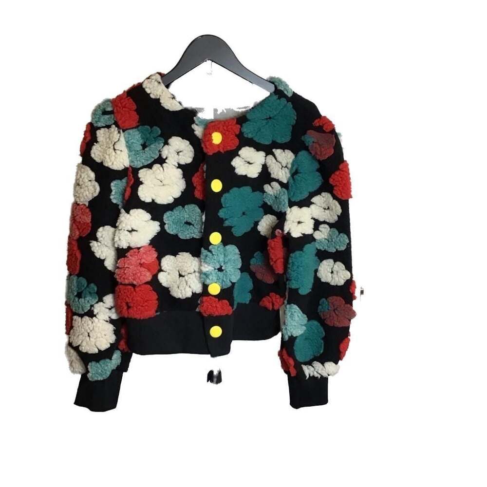 Vibrant 3D Floral Textured Bomber Jacket Multi-Color Sherpa Applique Womens  L - Picture 2 of 10